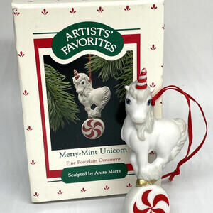 Hallmark Merry Mint Unicorn Porcelain Christmas Ornament Vintage 1988 in Box